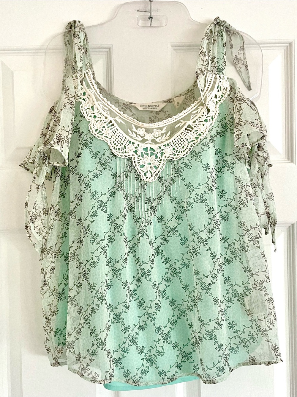 Ralph Lauren Denim & Supply Mint Ditsy Floral Lace Neckline Cold Shoulder Top